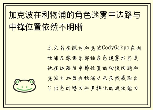 加克波在利物浦的角色迷雾中边路与中锋位置依然不明晰
